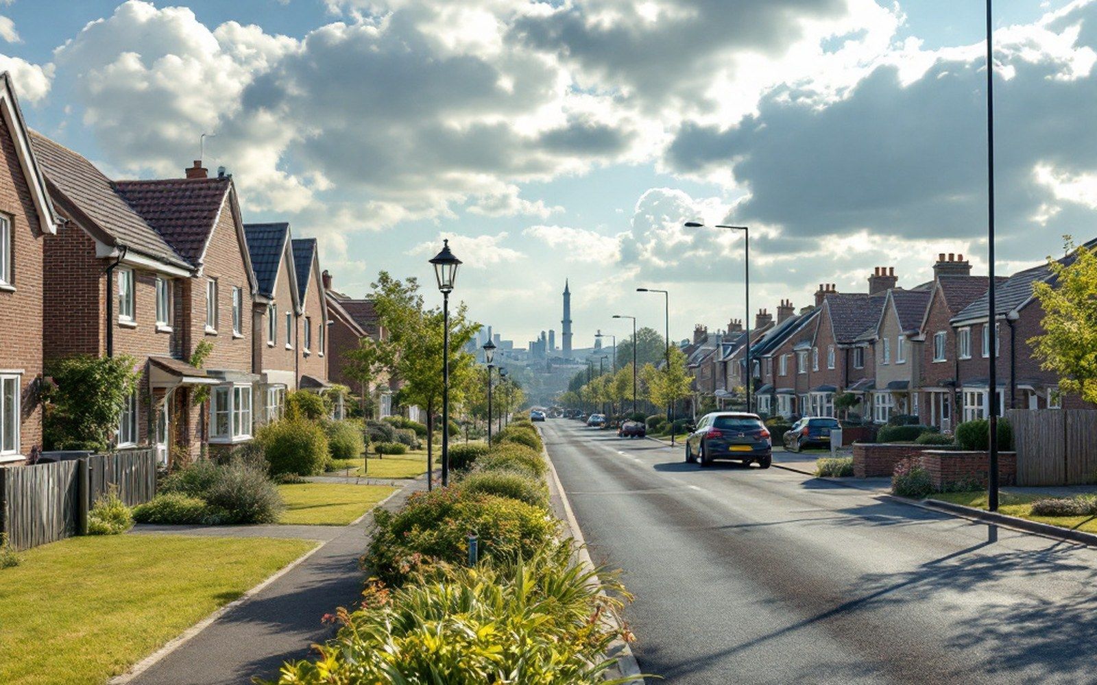 A modern suburban street of single-storey houses with wide grass verges