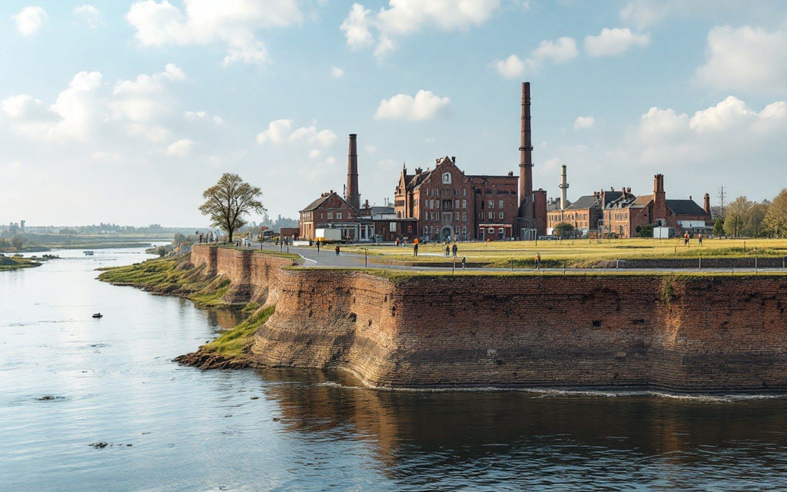 A low flat-topped step of land above a river floodplain with a road and buildings along its top edge