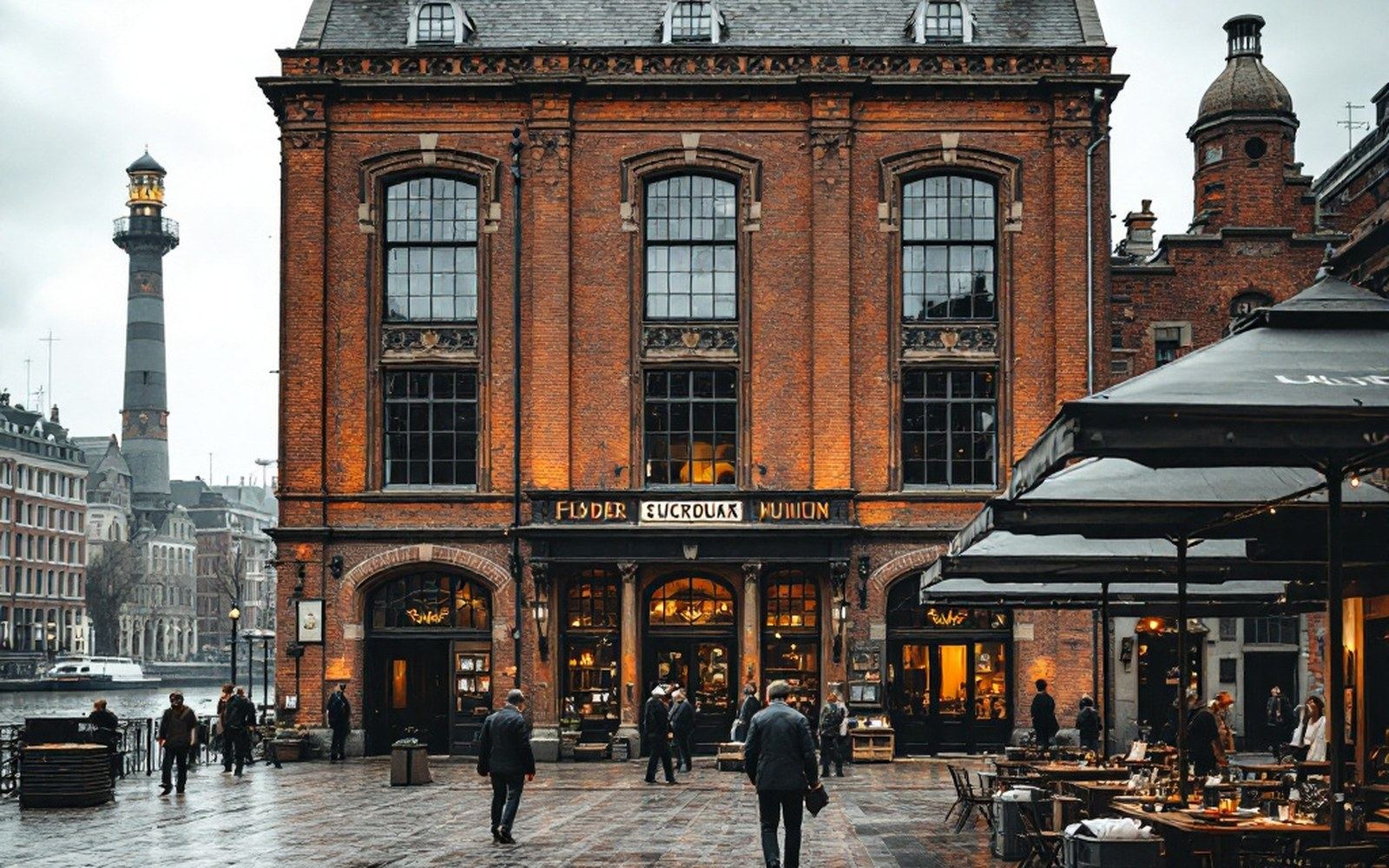 A brick nineteenth-century public building with tall windows seen from across an open square, overcast light