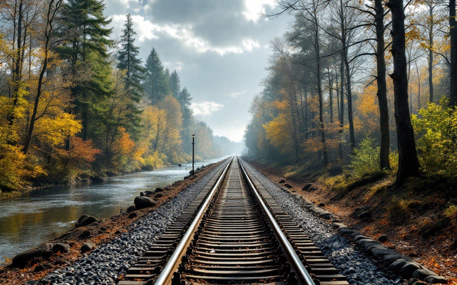 A single-track railway running straight through wooded country, rails polished