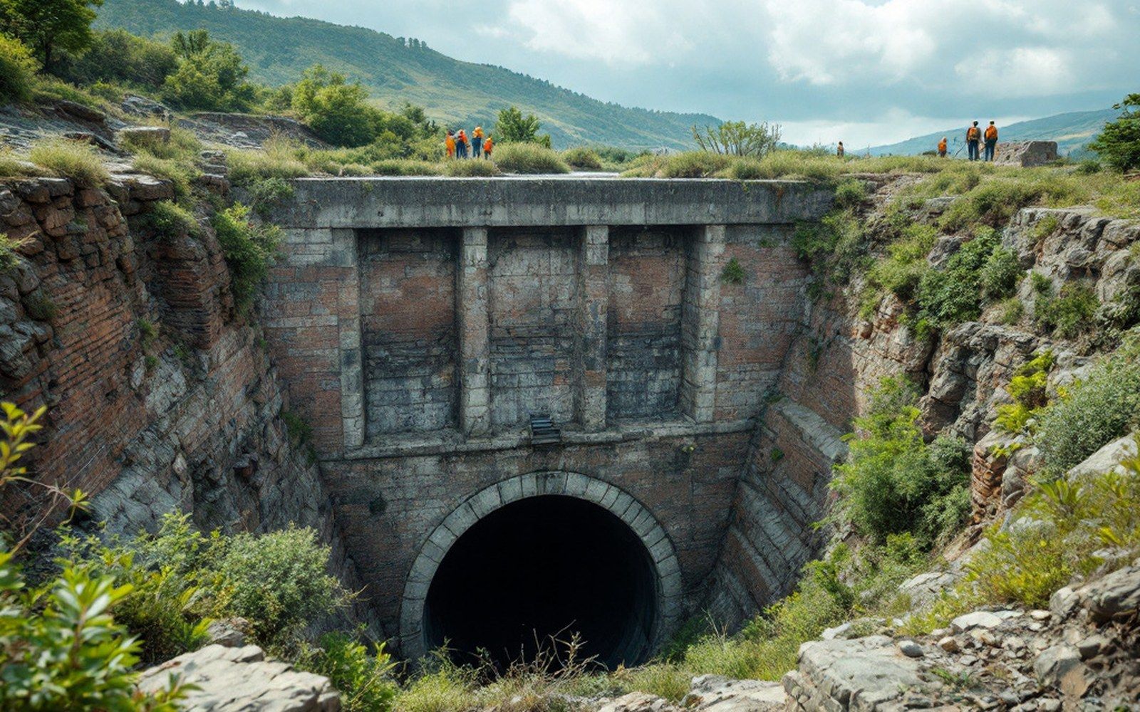A sealed mine portal in a hillside with concrete capping and scrub growing over it