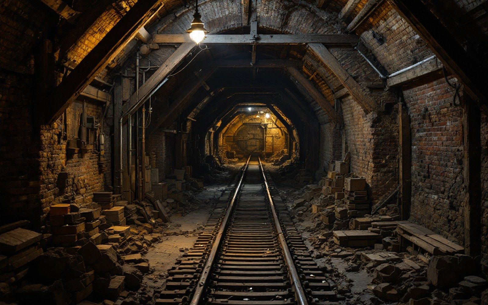 A timbered underground roadway lit by a single lamp, rails on the floor
